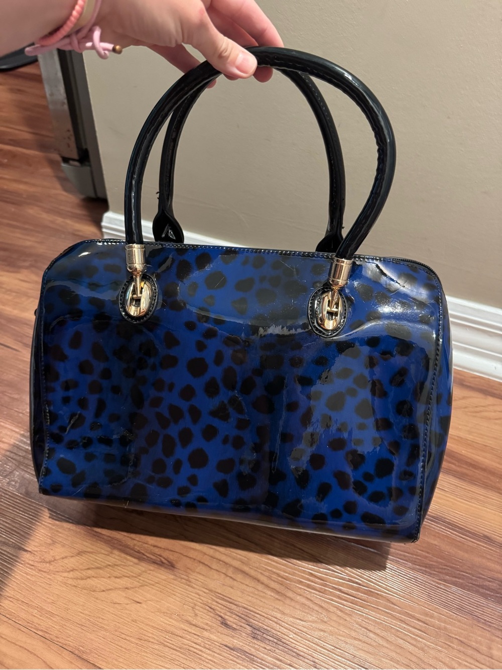 Blue Leopard Patent Satchel Handbag
